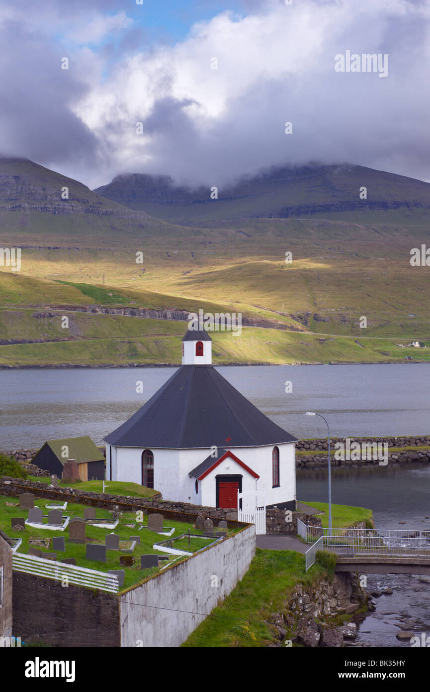 View towards Esturoy Island and Sundini Sound from Haldarsvik, Streymoy, Faroe Islands (Faroes), Denmark, Europe Stock Photo