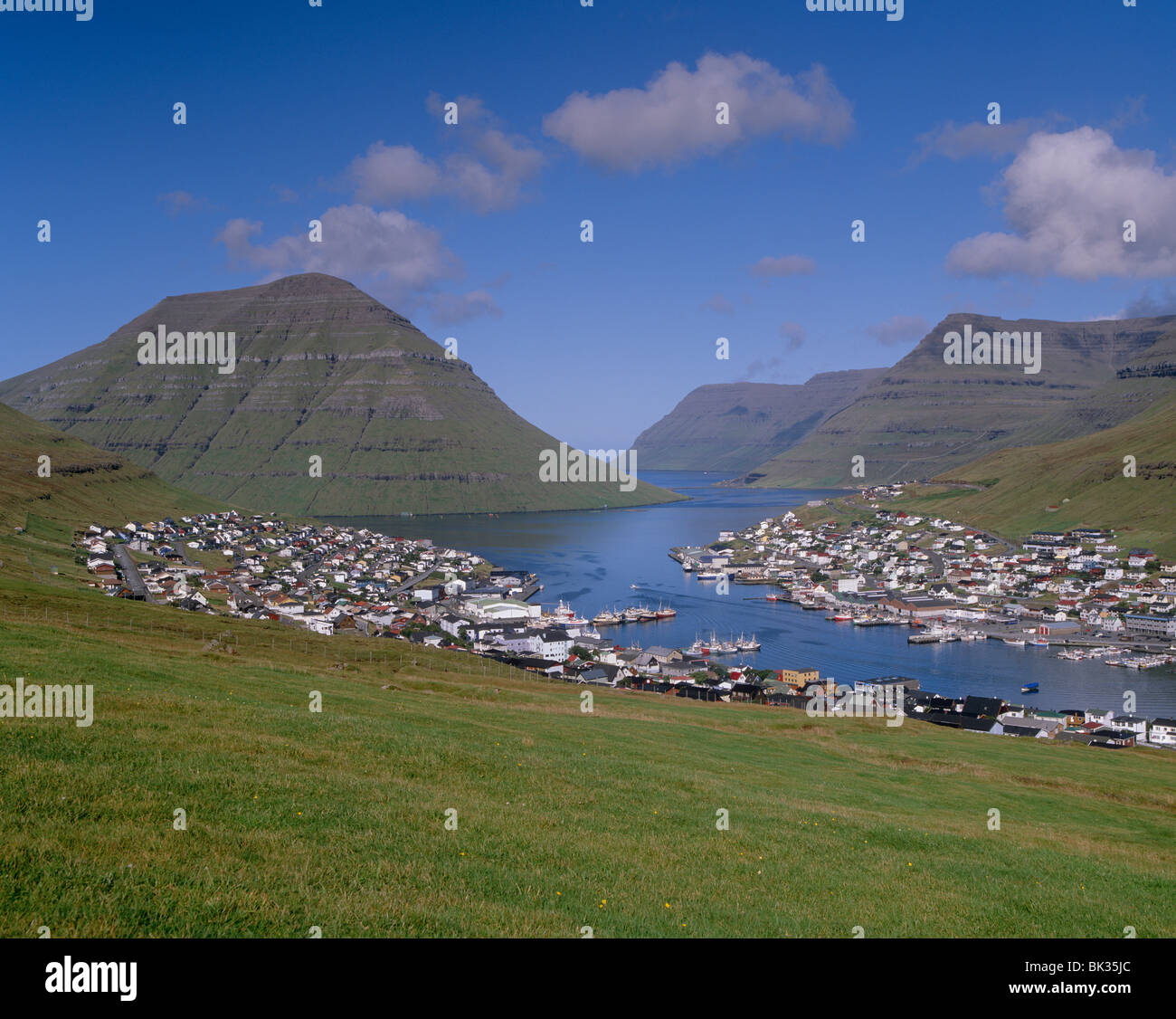 Klaksvik town and harbour with Kunoy island on the left, Bordoy Island (Nordoyar), Faroe Islands (Faroes), Denmark, Europe Stock Photo