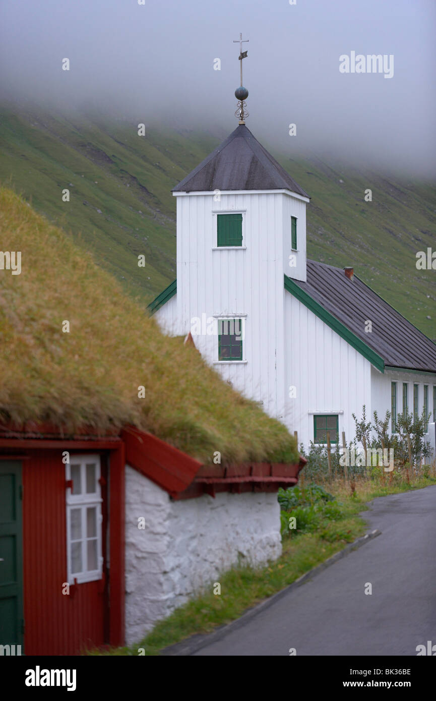 Church built in 1951 at Elduvik, Eysturoy, Faroe Islands (Faroes), Denmark, Europe Stock Photo