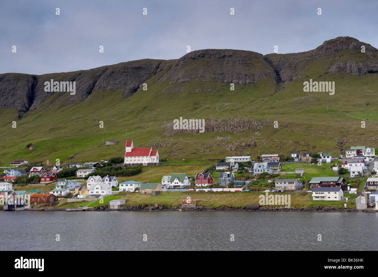 Tvoroyri, main village on Suduroy island, across Trongisvagsfjordur, Suduroy, Faroe Islands (Faroes), Denmark, Europe Stock Photo