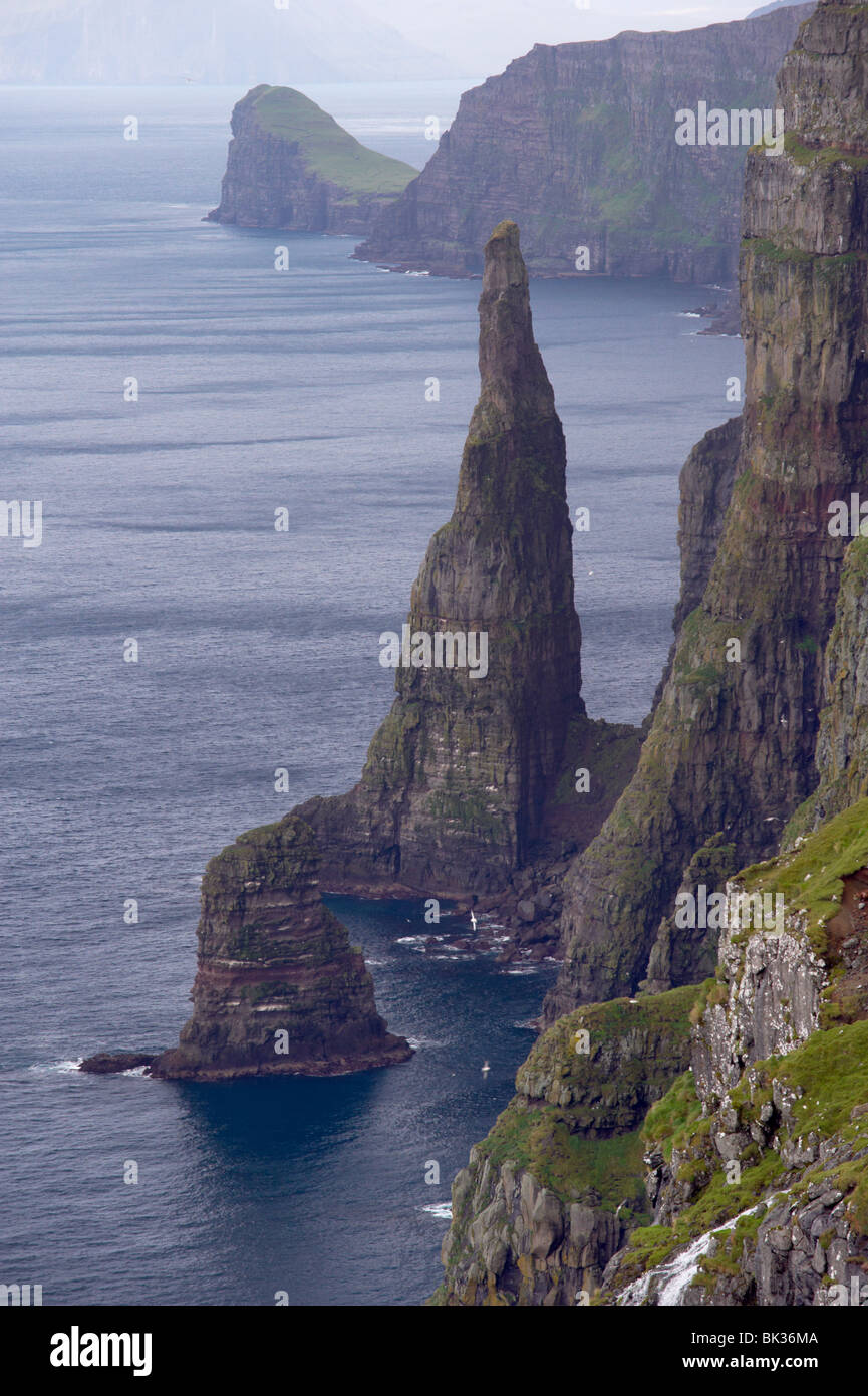 Spectacular 300-400m high cliffs on west coast of Sandoy, Oknadalsdrangur sea stack in foreground, Sandoy, Faroe Islands Stock Photo