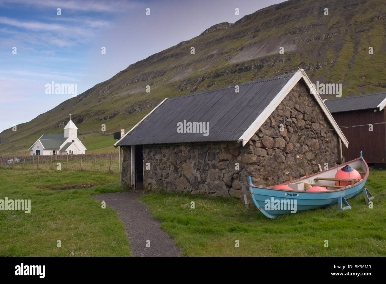 Traditional buildings at Dalur, Sandoy, Faroe Islands (Faroes), Denmark, Europe Stock Photo