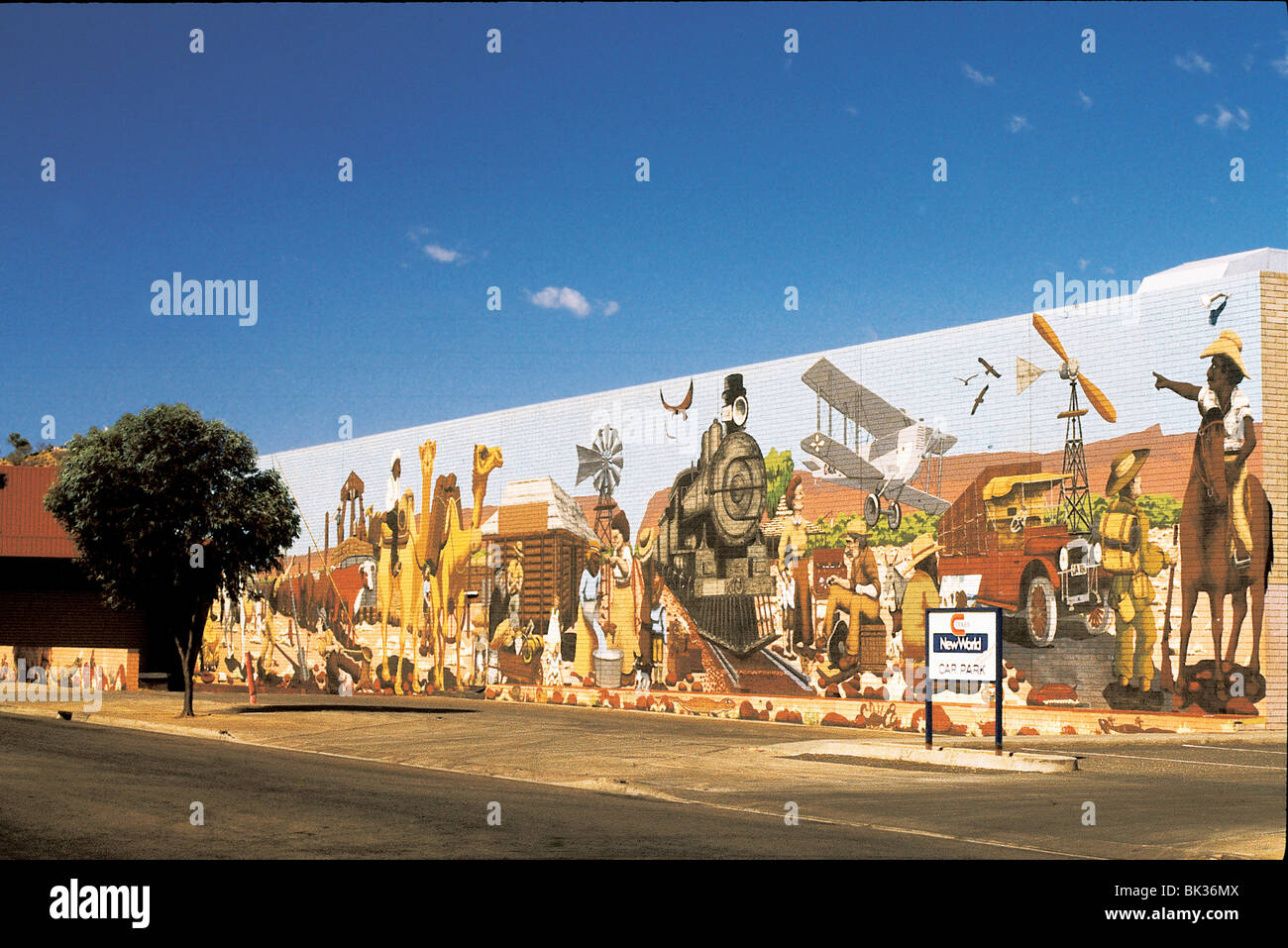 A mural depicting the European settlement and early forms of transportation in Alice Springs, Australia Stock Photo