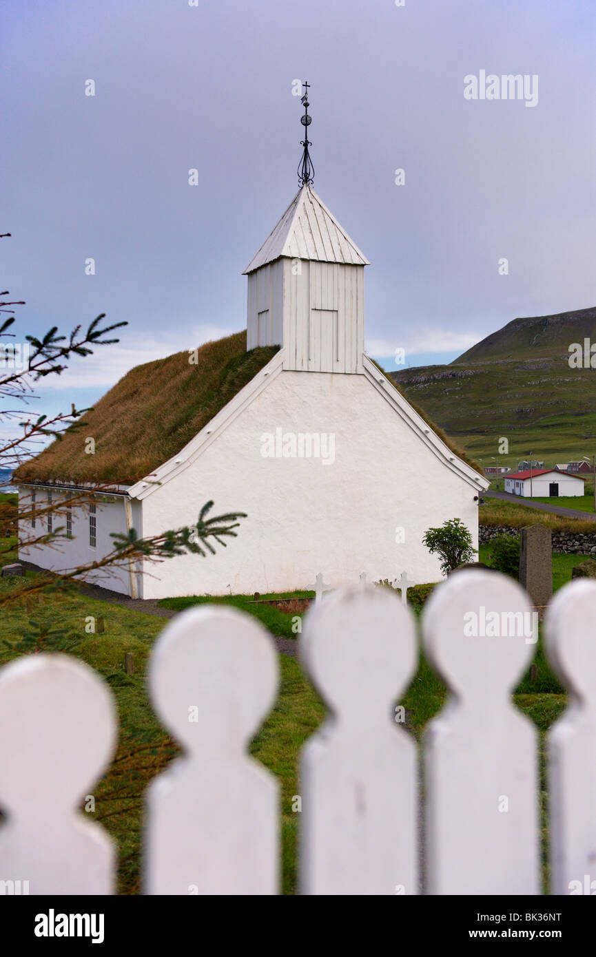 Turf-roofed church at Husavik, Sandoy, Faroe Islands (Faroes), Denmark, Europe Stock Photo