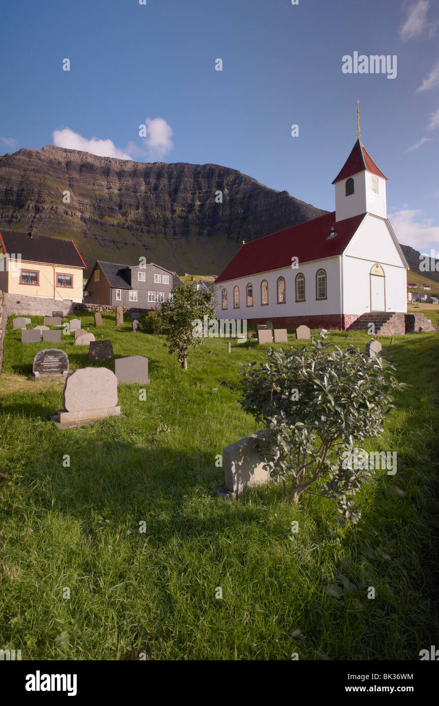 Church and village of Kunoy, Kunoy island, Nordoyar, Faroe Islands Stock Photo