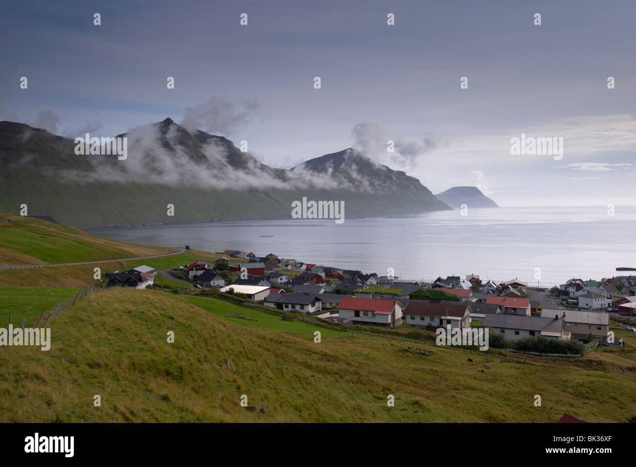 Sydrugota village and Gotuvik bay, Eysturoy Island, Faroe Islands (Faroes), Denmark, Europe Stock Photo