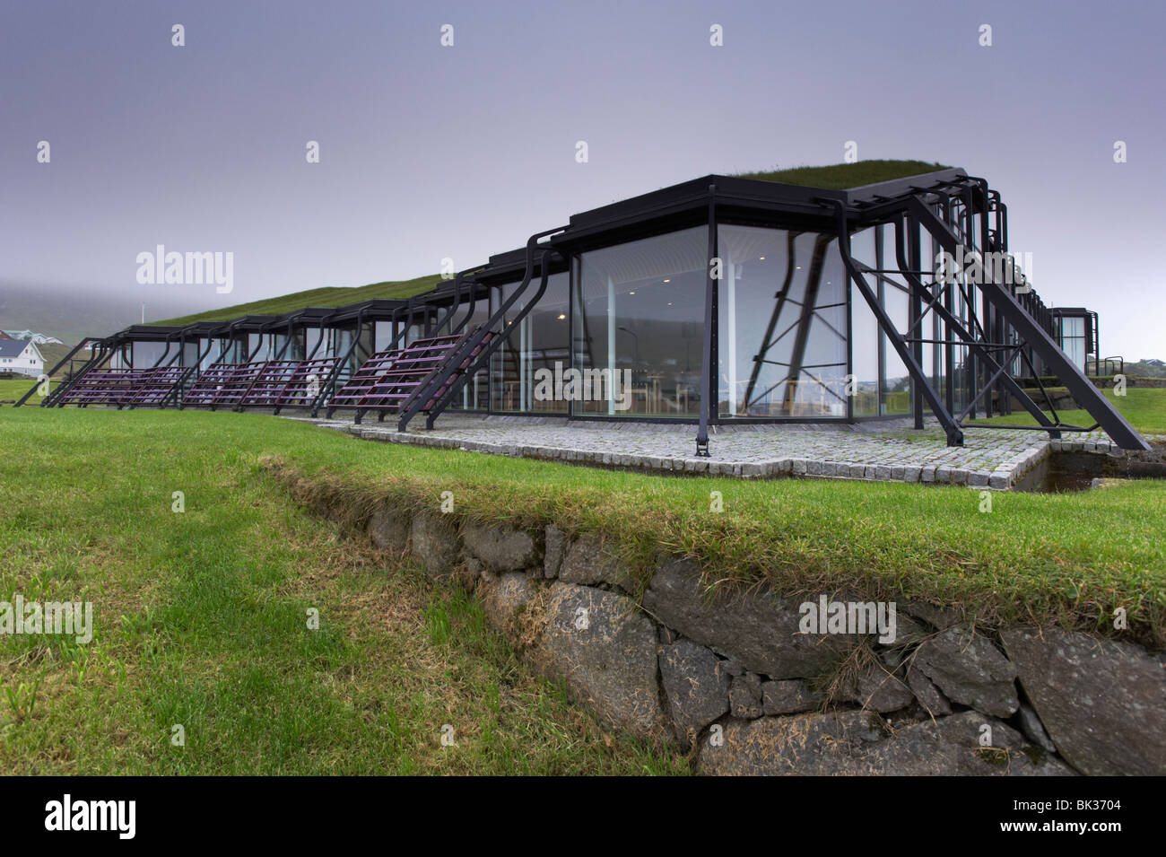 Nordic House, exteriors and turf covered roof, Torshavn, Streymoy, Faroe Islands (Faroes), Denmark, Europe Stock Photo
