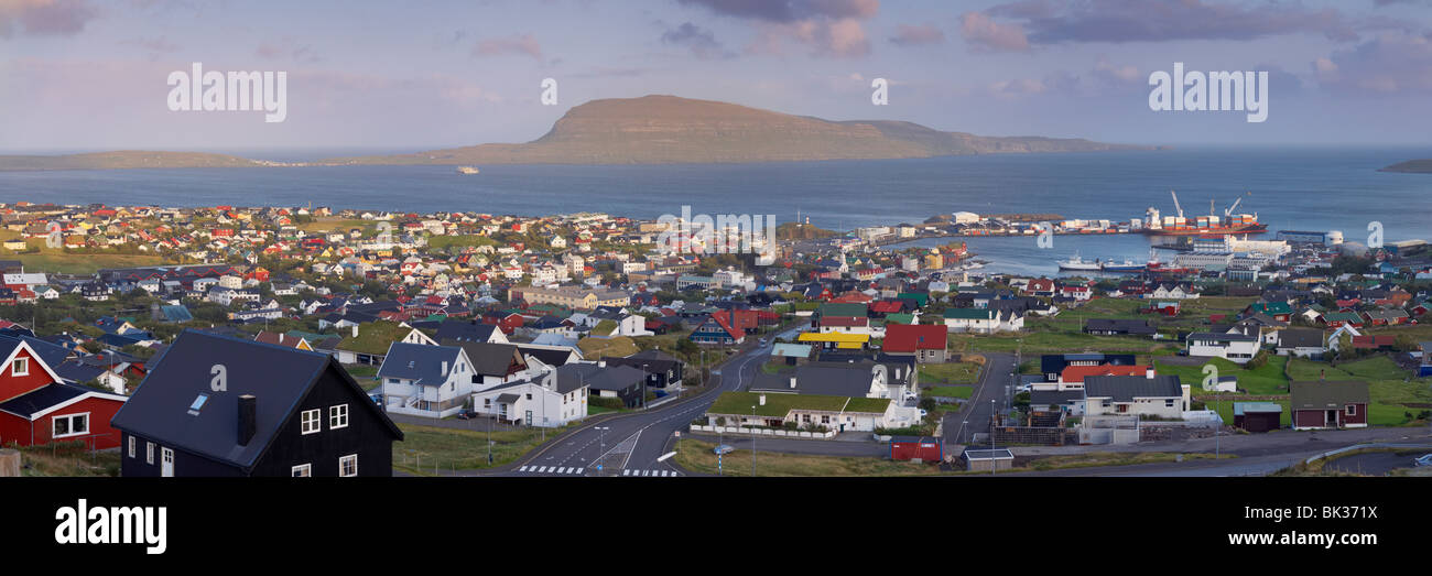 Panoramic view of Torshavn and harbour (Nolsoy in the distance), capital of the Faroe Islands (Faroes), Denmark, Europe Stock Photo