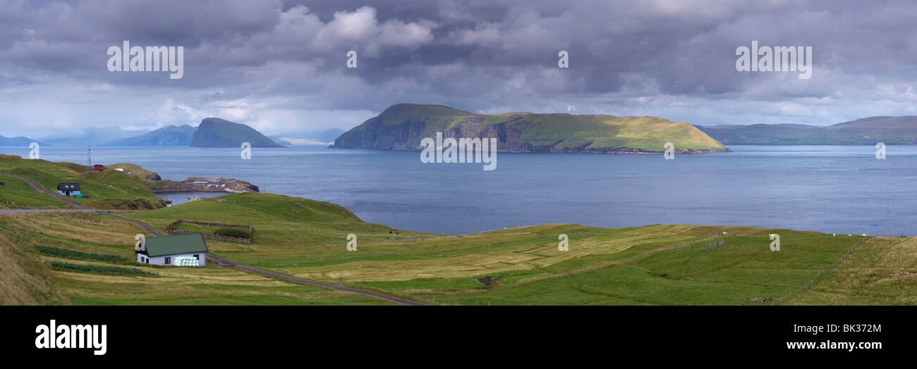 Panoramic view of Sandoy north coast and Hestur island, from near Skopun, Sandoy, Faroe Islands (Faroes), Denmark, Europe Stock Photo
