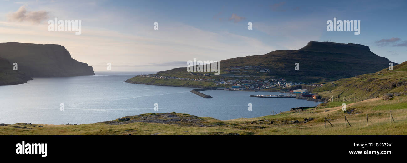 Panoramic view of village of Eidi and Sundini fjord, Eysturoy, Faroe Islands (Faroes), Denmark, Europe Stock Photo