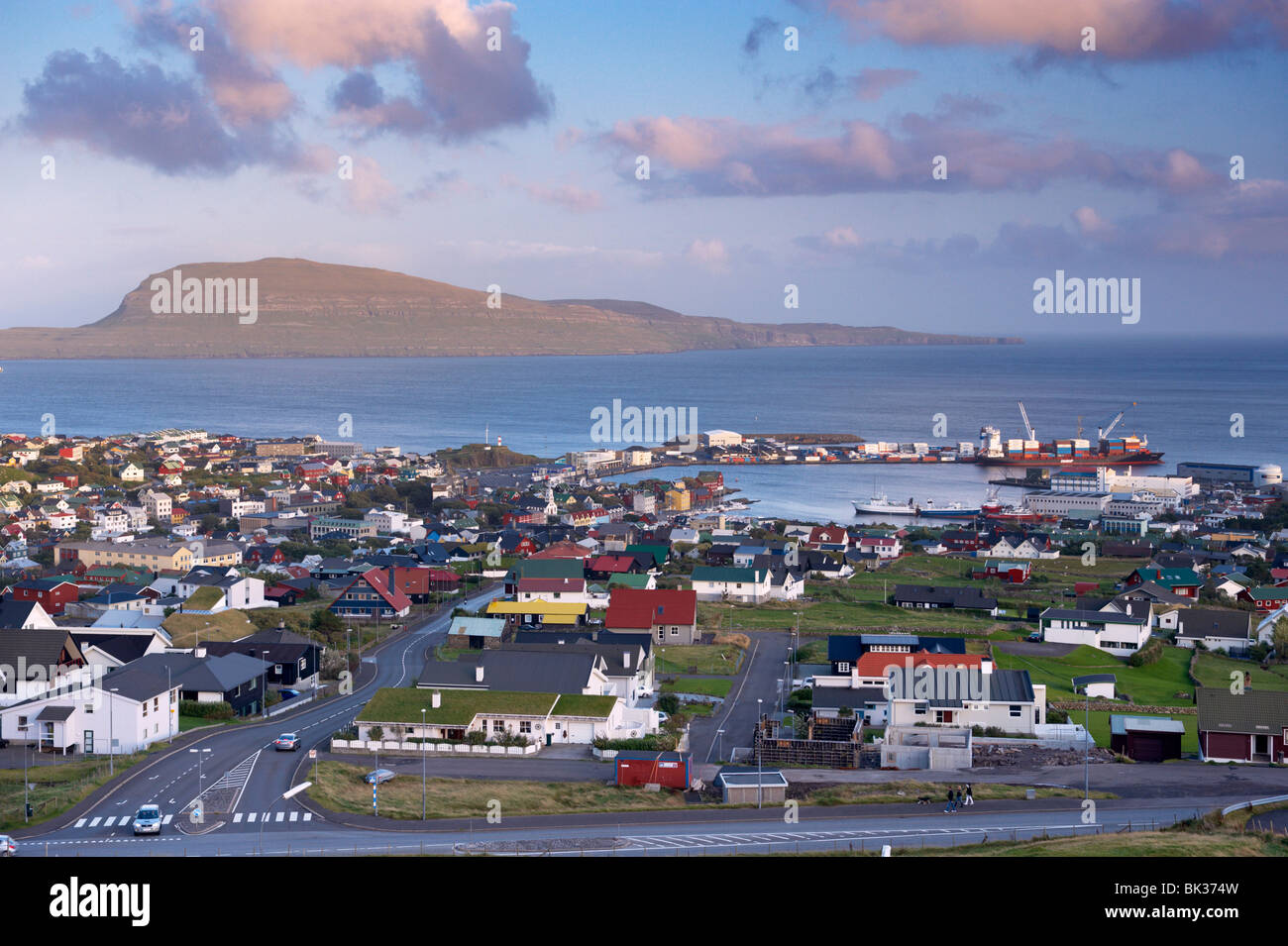 Torshavn and harbour, Nolsoy in the distance, Streymoy, Faroe Islands (Faroes), Denmark, Europe Stock Photo