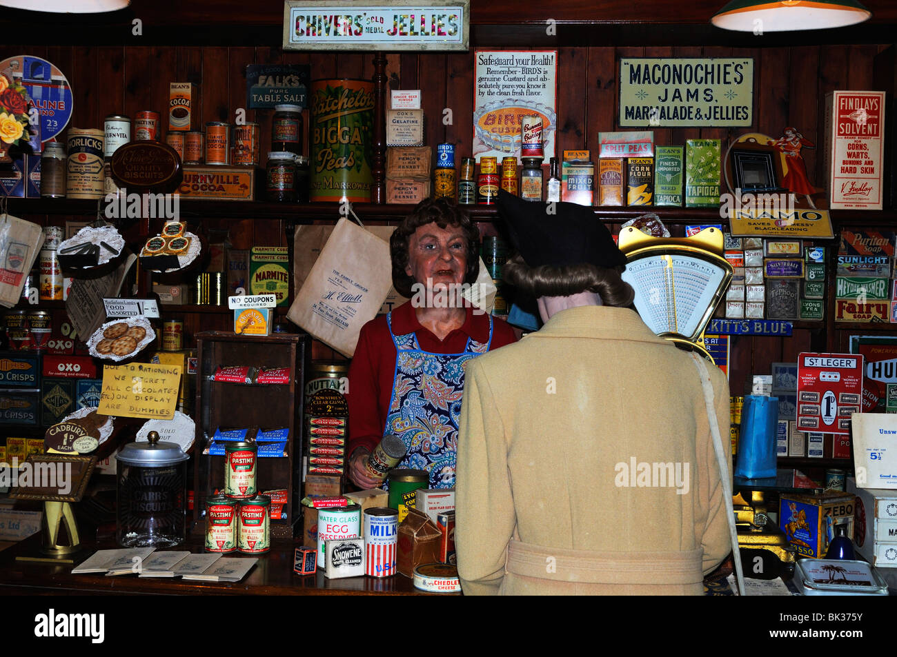 a war time grocery shop at the ' britain in blitz ' museum at flambards in helston, cornwall, uk Stock Photo