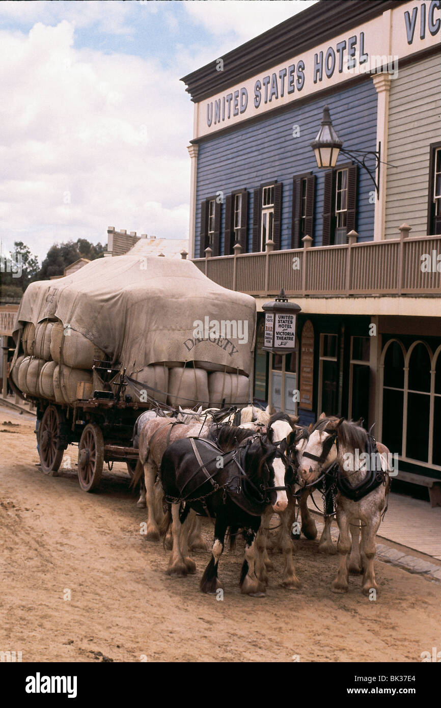 Sovereign Hill Ballarat, Australia - A horse drawn wagon carrying wool sacks in a recreated 1850's gold rush town in the state of Victoria Stock Photo