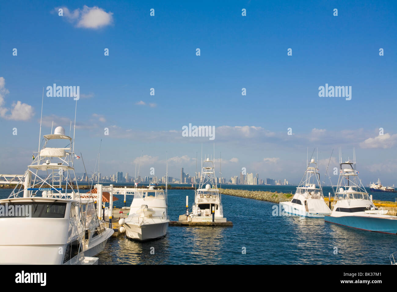 The Amador Causeway, Fuerte Amador Resort and Marina, with city skyline in background, Panama City, Panama, Central America Stock Photo