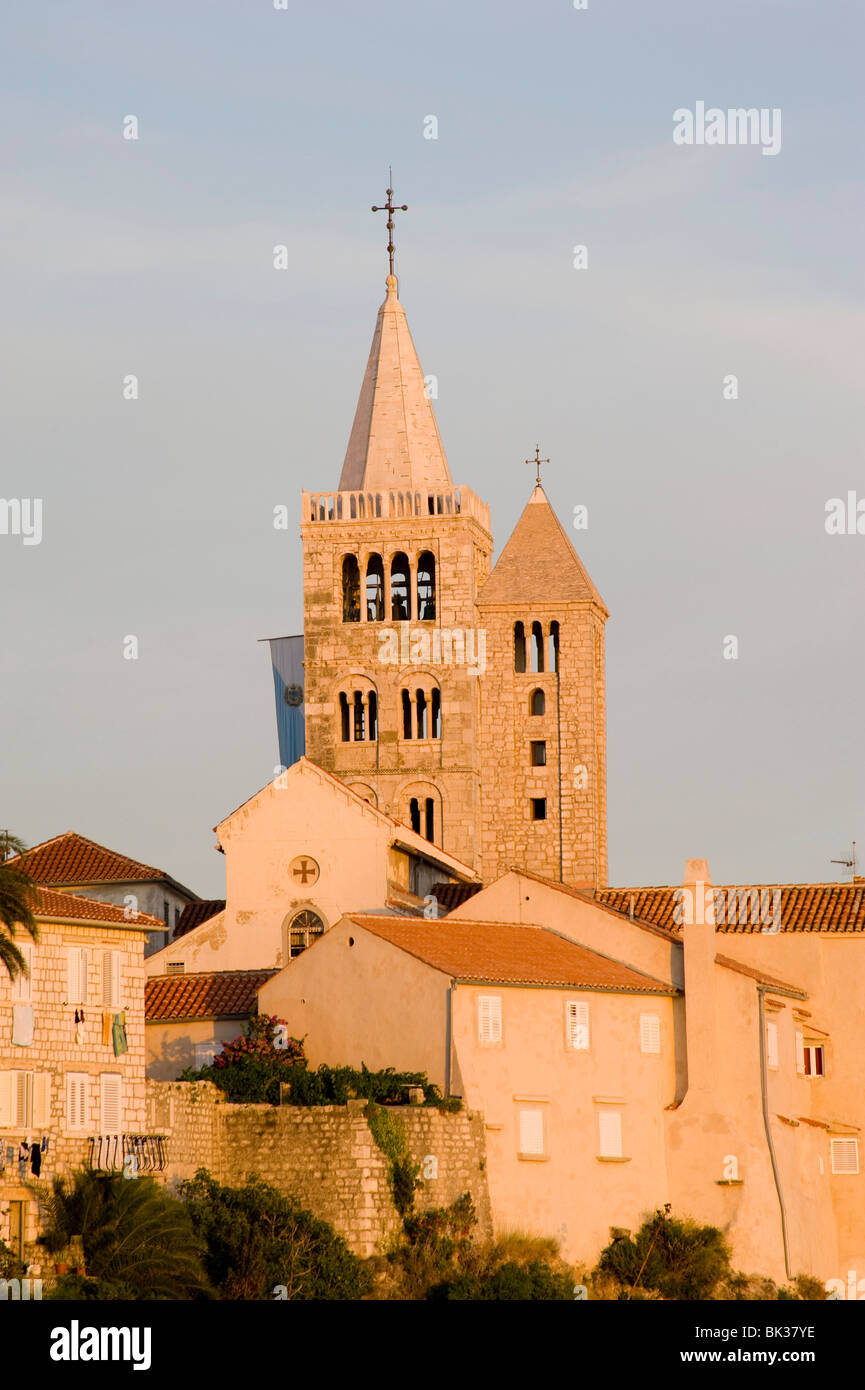 Late afternoon sunlight on the bell towers in Rab Town, Rab Island, Kvarner region, Croatia, Europe Stock Photo