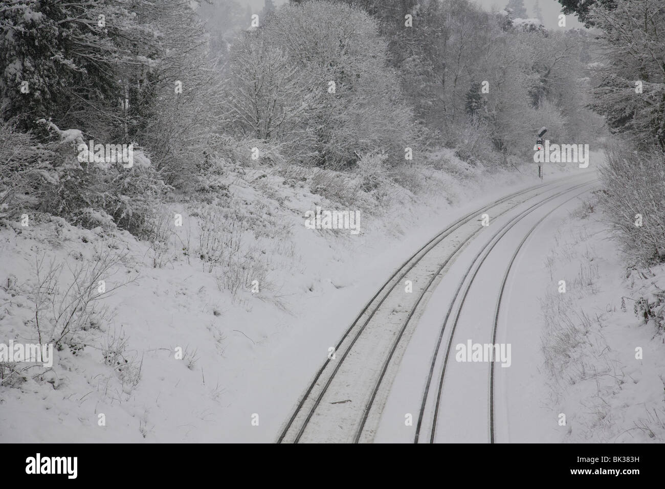 The London to Portsmouth main train line covered in snow, Haslemere
