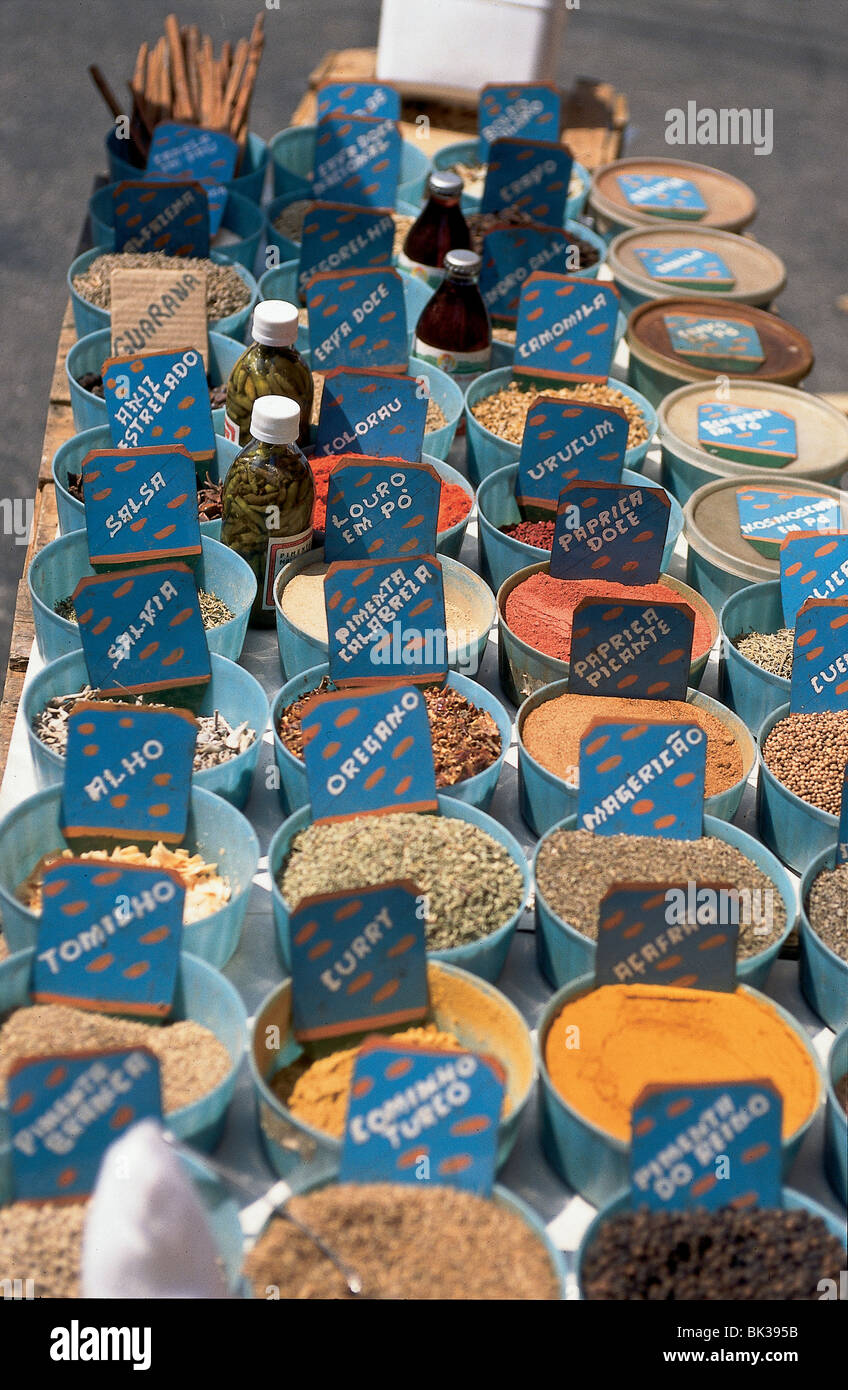 Market with spices which include oregano and curry powder, Brazil Stock Photo