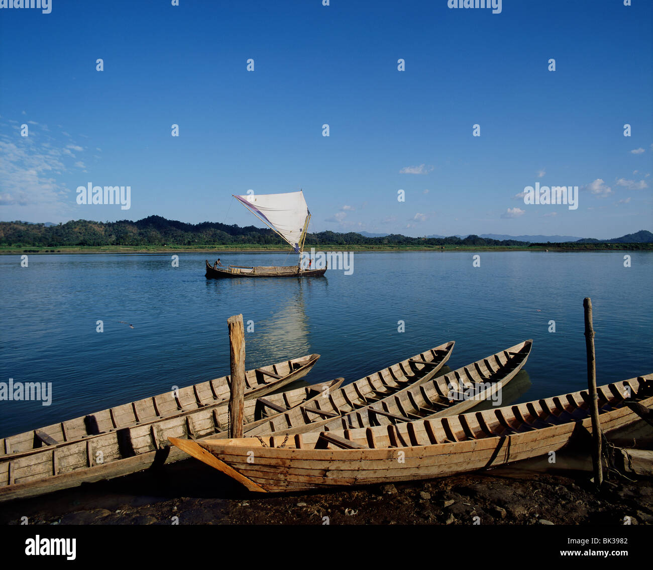 Boat on the Kaladan river in Arakan, Myanmar (Burma), Asia Stock Photo