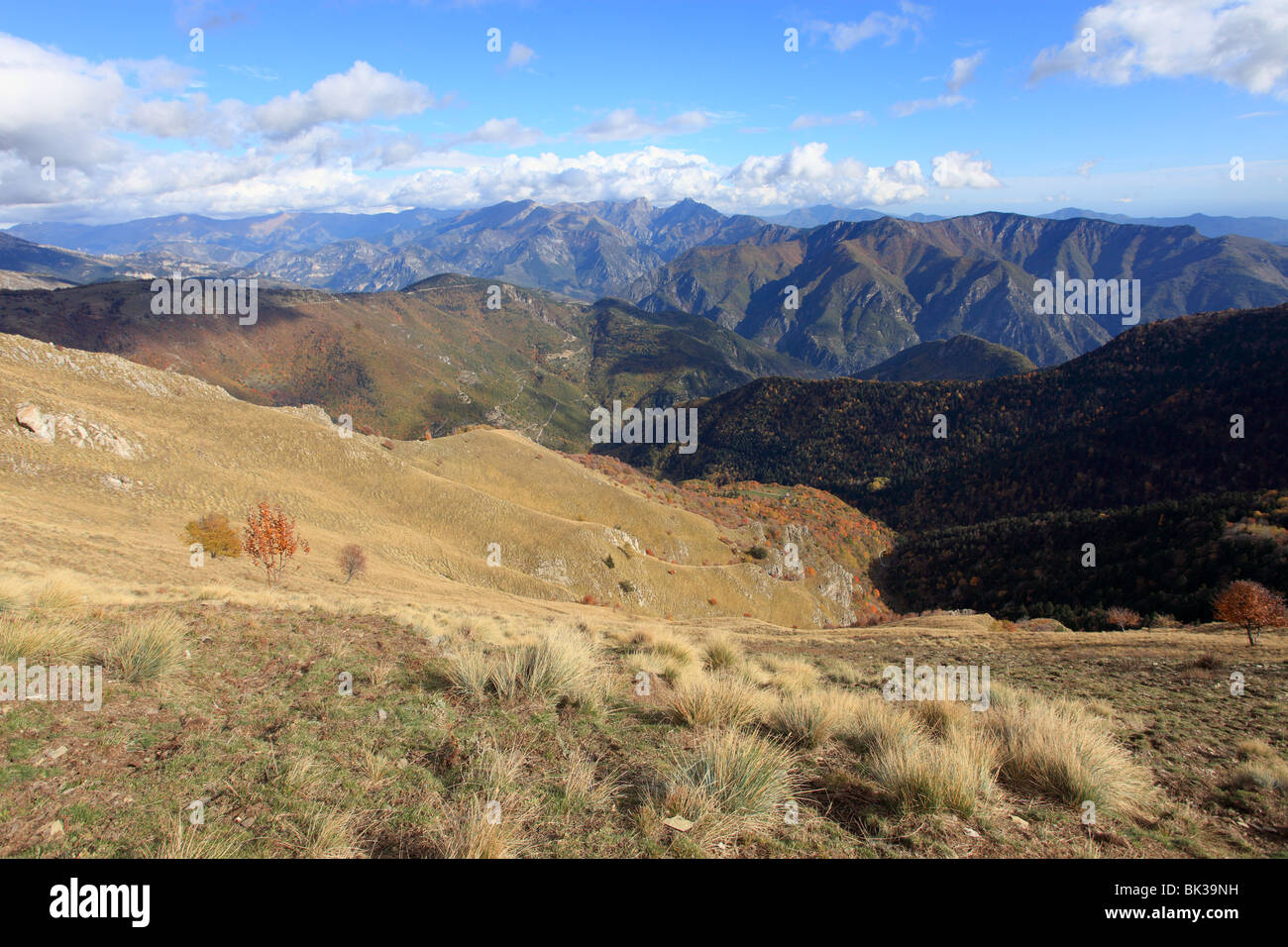 Autumnal landscape into the Roya valley with Mercantour summit mountain Stock Photo