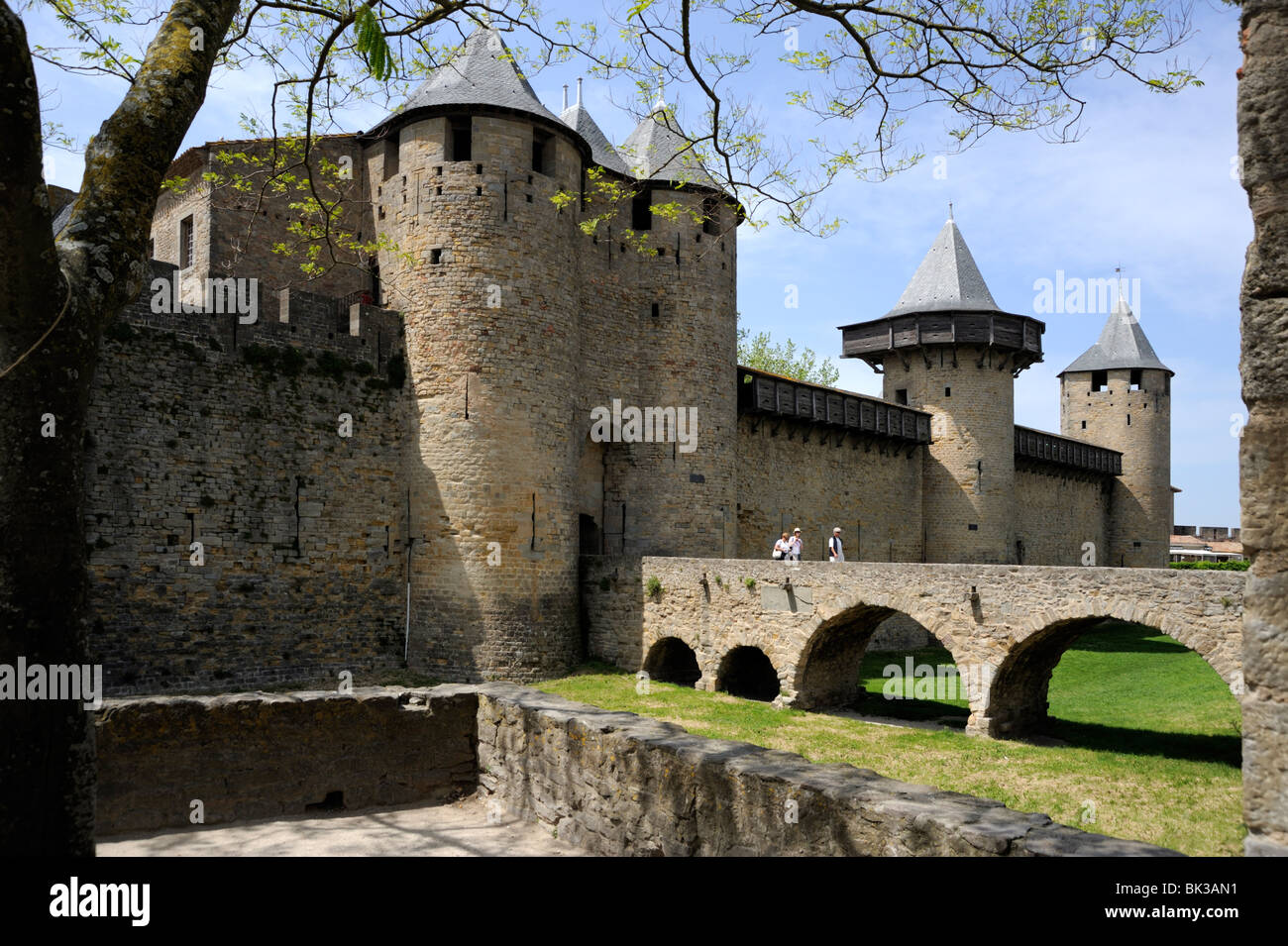 Entrance to Chateau Comtal in the walled and turreted fortress of La Cite, UNESCO World Heritage Site, Languedoc, France Stock Photo