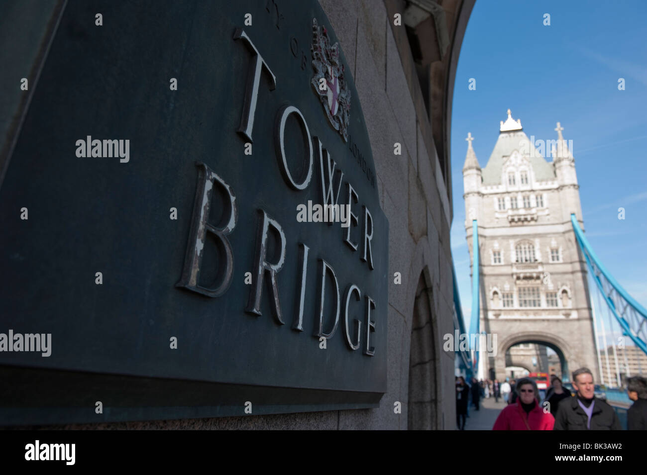 Tourists at the Tower Bridge of London. Stock Photo