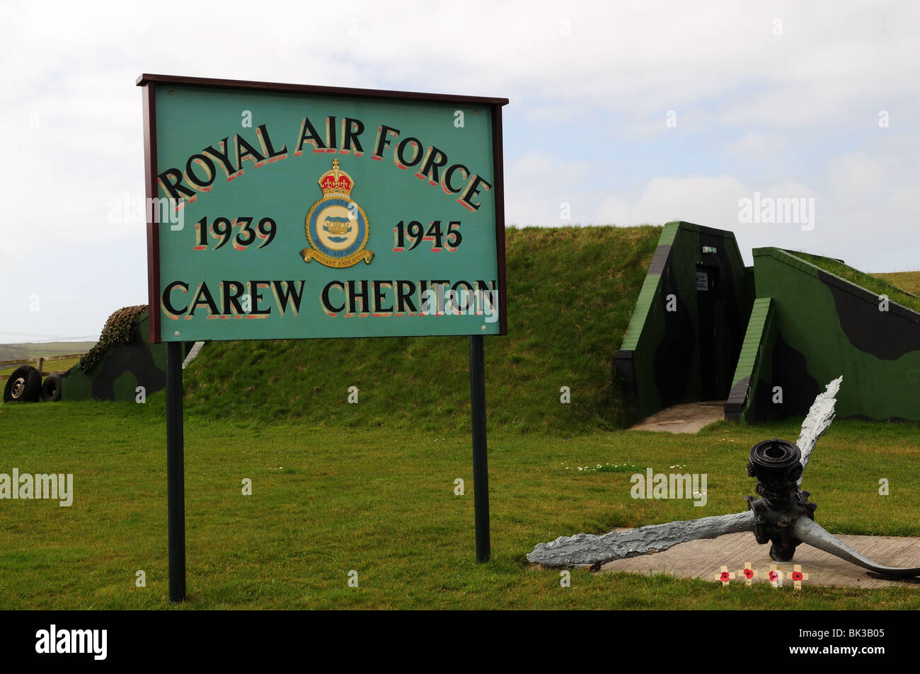 Carew Cheriton refurbished World War 11 Stanton Air Raid Shelter and sign Pembrokeshire Wales Cymru UK GB Stock Photo