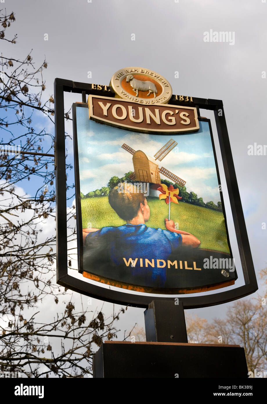 Young's Pub Sign at The Windmill, Clapham Stock Photo