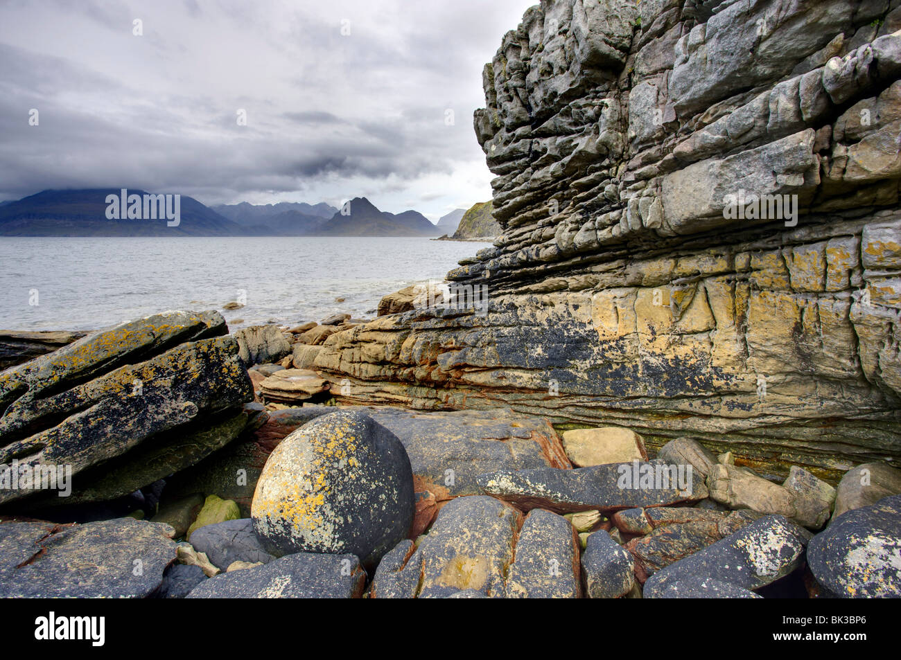 View to Cuillin Hills from rocky foreshore at Elgol, Isle of Skye, Highland, Scotland, United Kingdom, Europe Stock Photo