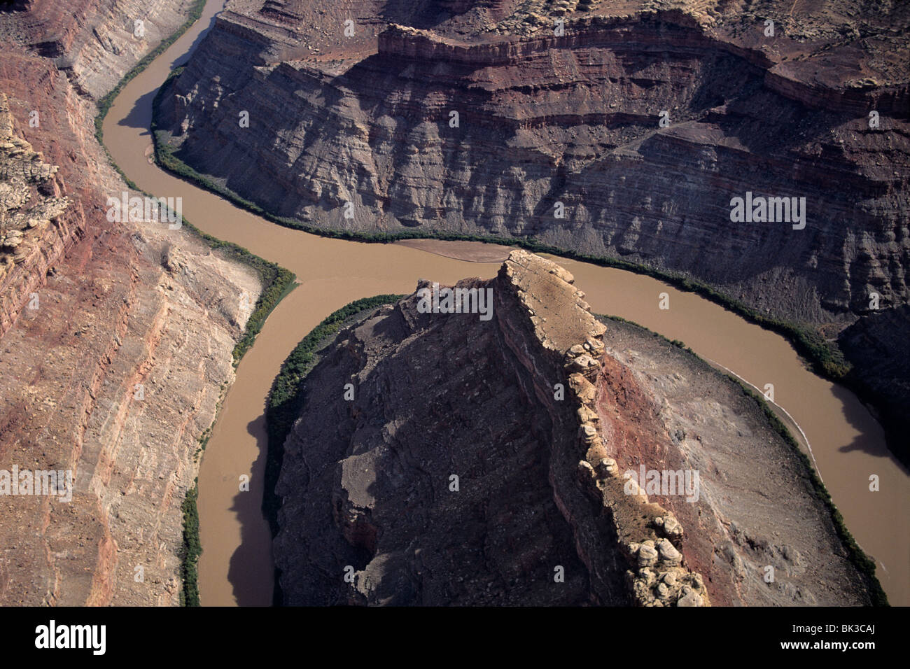 Aerial view of the confluence of the Green River (bottom) and Colorado