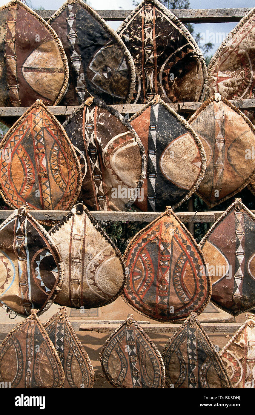 Maasai shields are made of cattle hide and stretched over bent wood