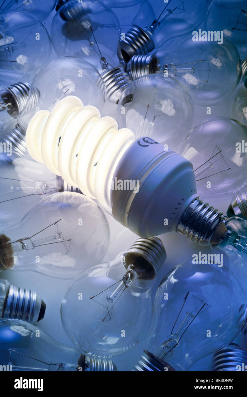 Energy saving lamp. lighted, lying within a bunch of light bulbs Stock Photo