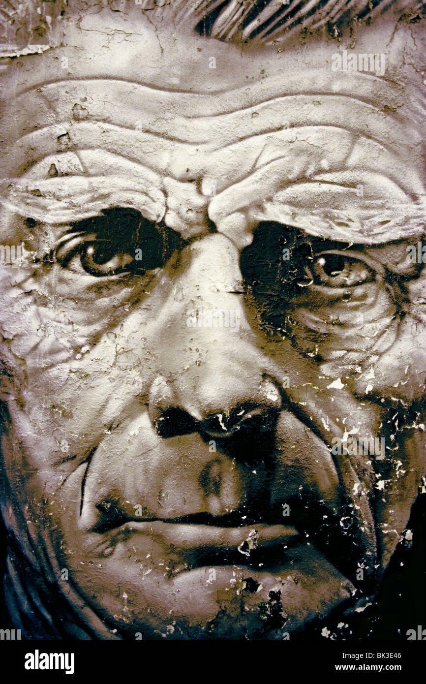 A street art portrait of Samuel Beckett in 1976 found on a Blenheim Crescent wall near Portobello market, west London. Stock Photo