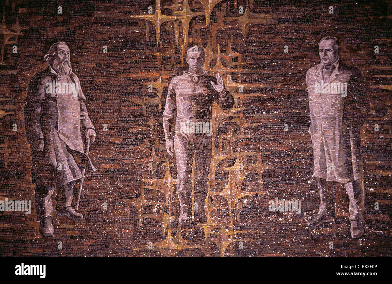 Mosaic tiles depicting three historic figures of Soviet Unionís space program Left to right: Soviet rocket scientist Konstantin Stock Photo