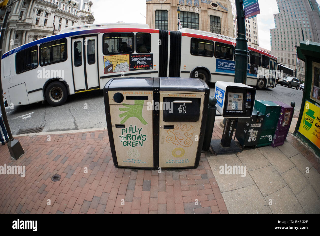 Solar powered trash compactor and recycling station on Market Street in