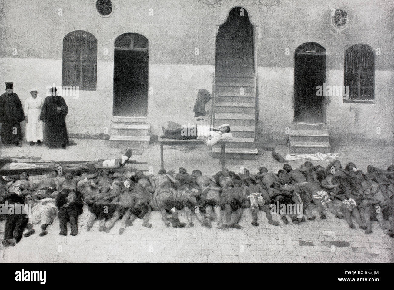 Bodies of Armenians massacred on February 28, 1919 in Aleppo, Syria, laid out in front of Armenian Relief Hospital. Stock Photo