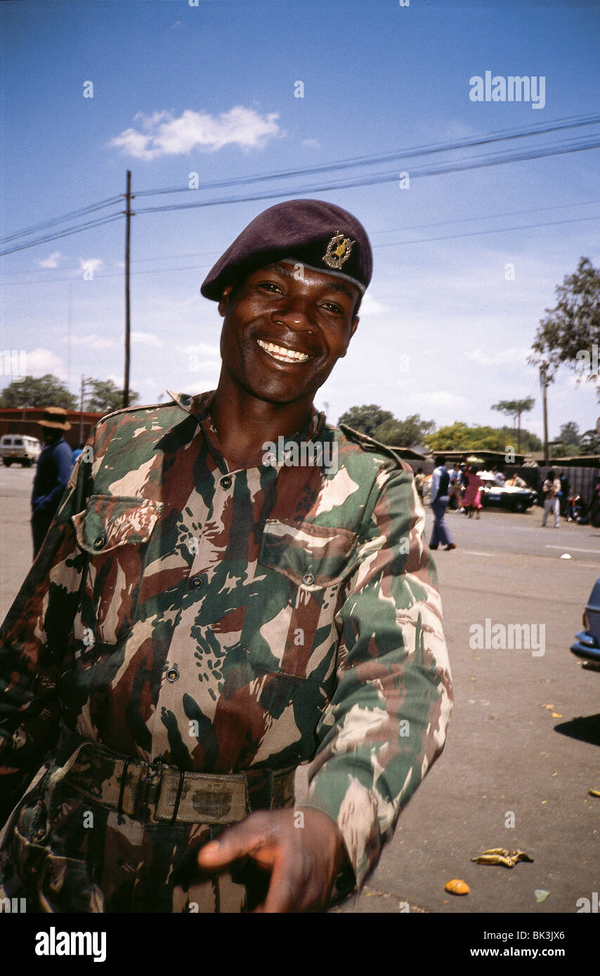 Portrait of a military police man in uniform on the streets of Harare