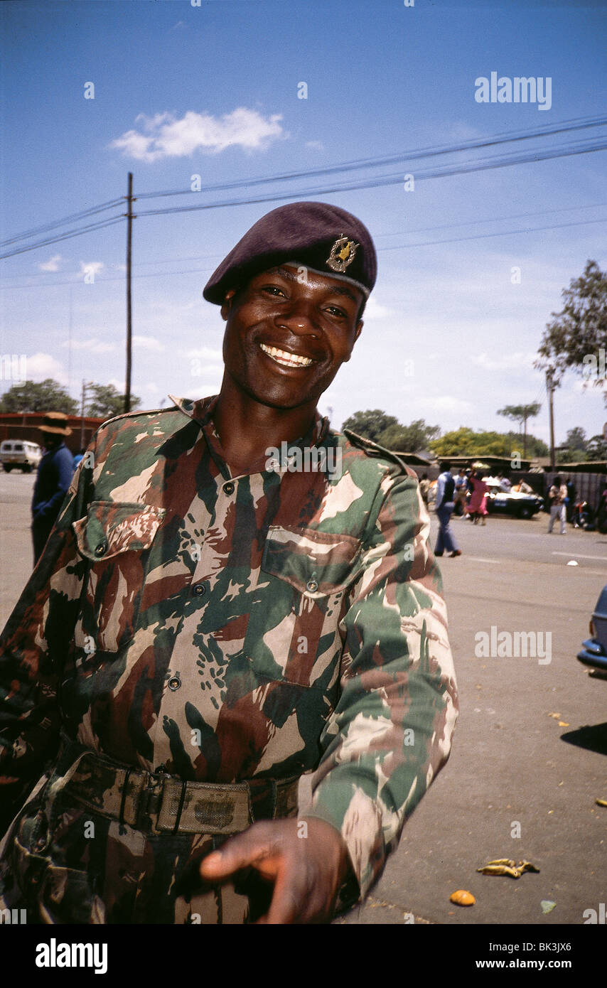 Portrait of a military police man in uniform on the streets of Harare, Zimbabwe Stock Photo
