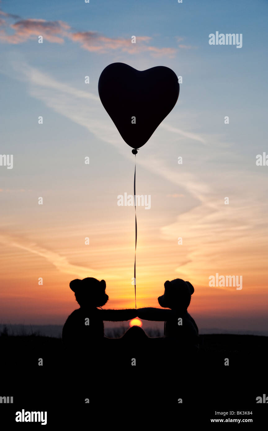 Two teddy bears holding a heart shape helium balloon at sunrise. Still ...