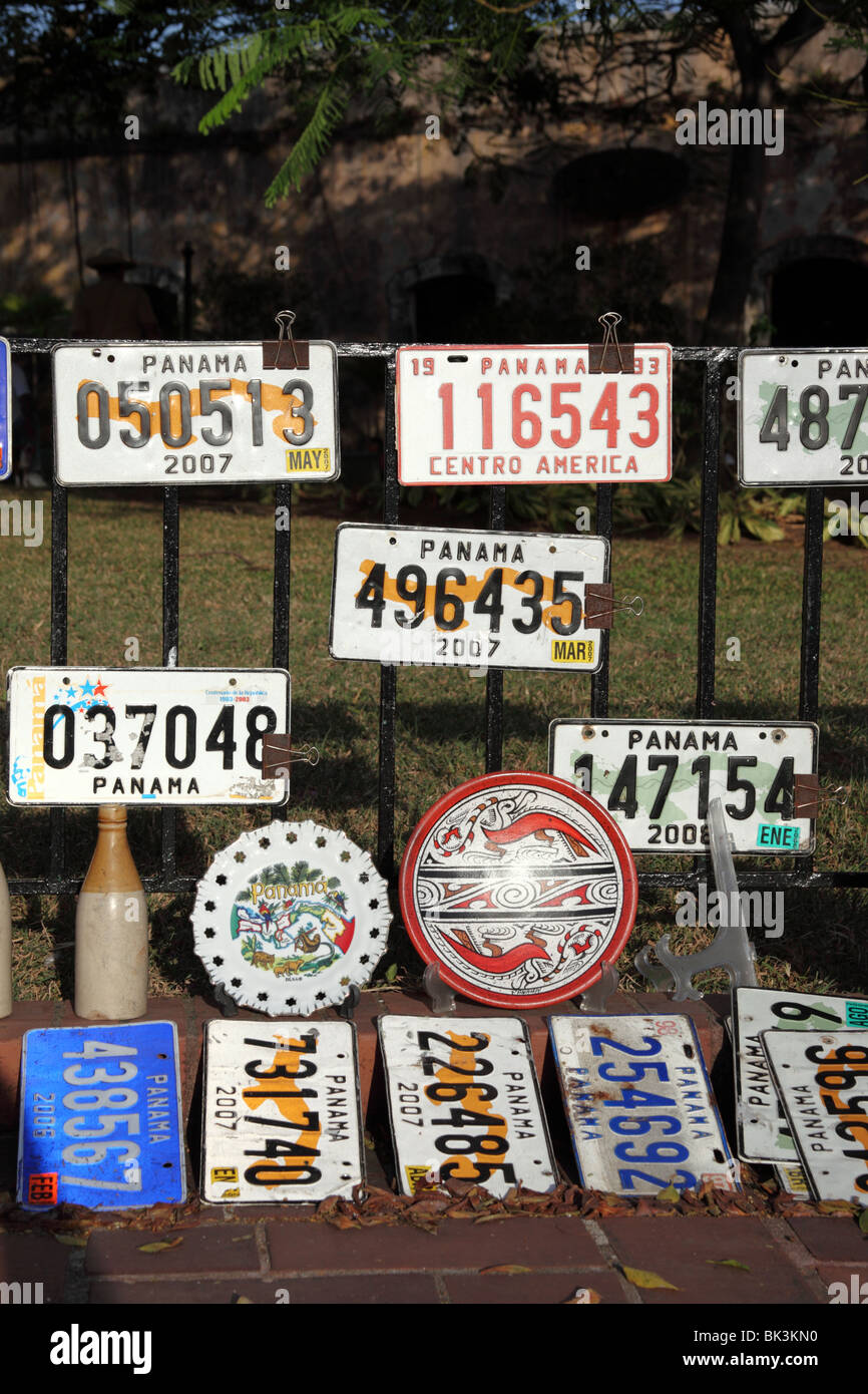 Old car number plates for sale , Casco Viejo , Panama City , Panama Stock Photo
