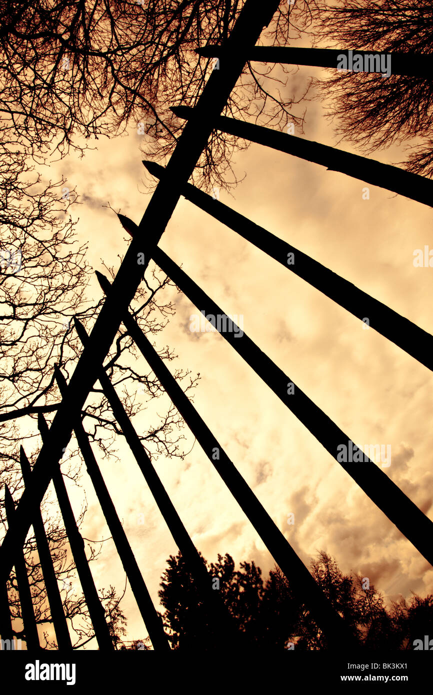 Looking up at a spiky silhouetted fence framed by tree branches Stock Photo