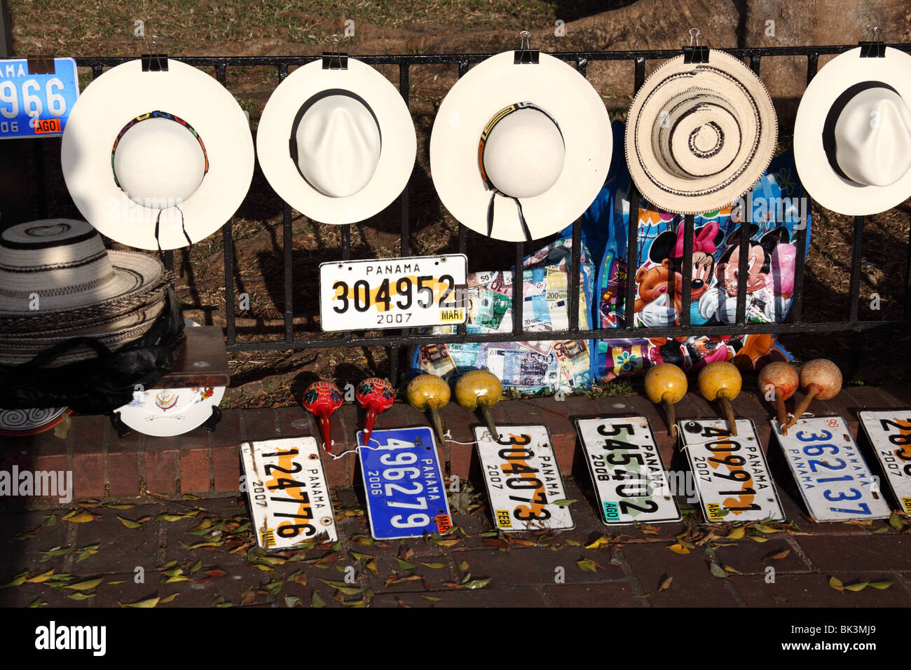Old car numberplates and Panama hats for sale, Casco Viejo, Panama City, Panama Stock Photo