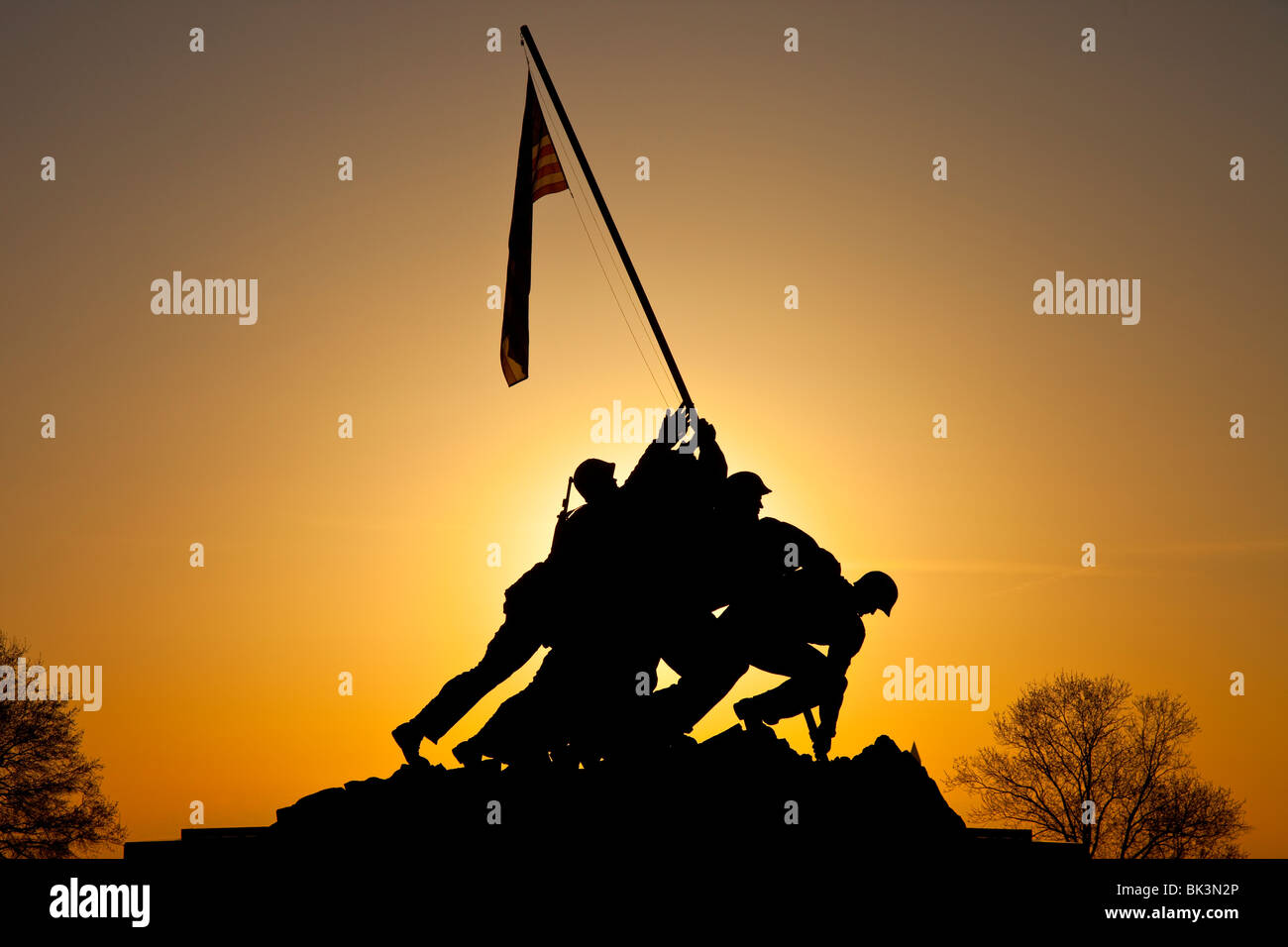 Sunrise silhouette at the Iwo Jima Memorial, Arlington Virgina USA Stock Photo