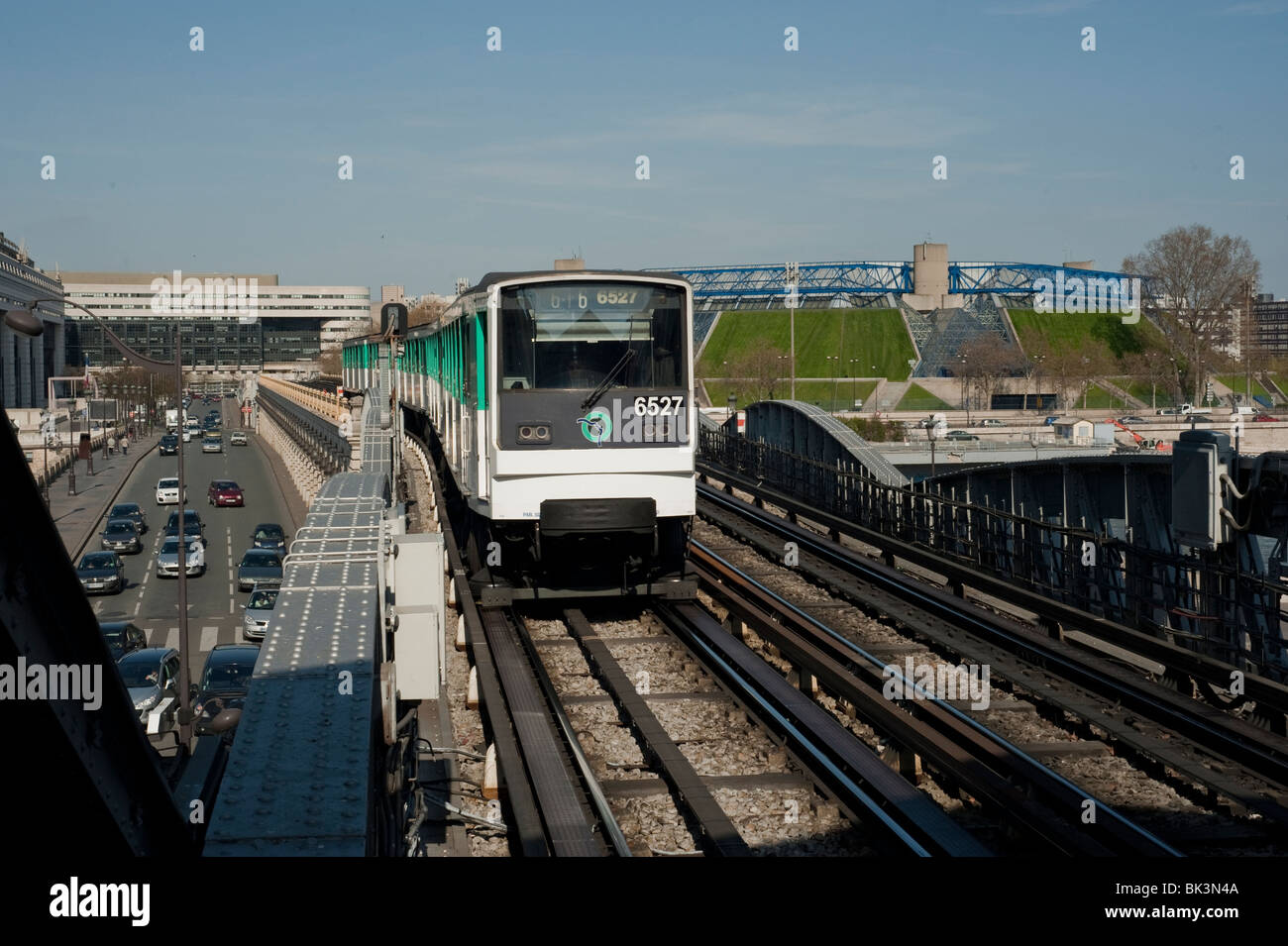 Paris, France, Front, Arriving Paris Metro Train Moving, in 'Quai de la Gare' Station (Bercy in Back) Stock Photo