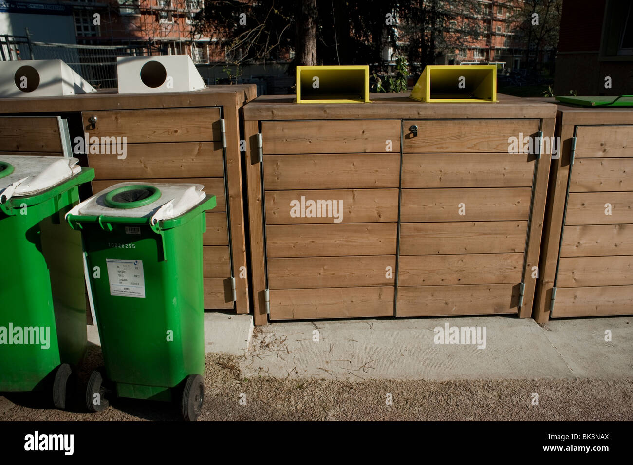 Recycling Garbage, Rubbish Wheely Bins, Trash Cans, outside Apartment