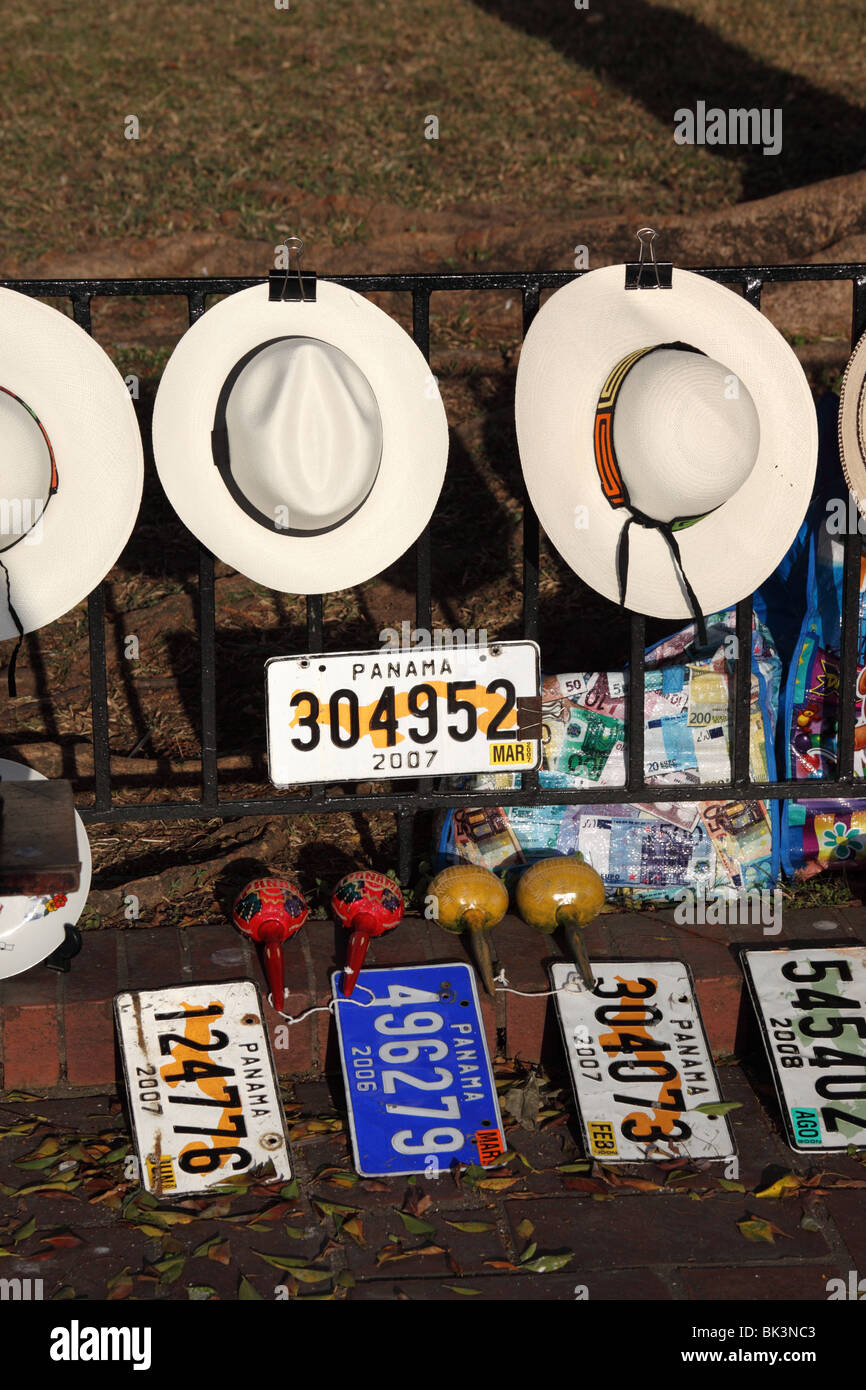 Old car numberplates and Panama hats for sale , Casco Viejo , Panama City , Panama Stock Photo
