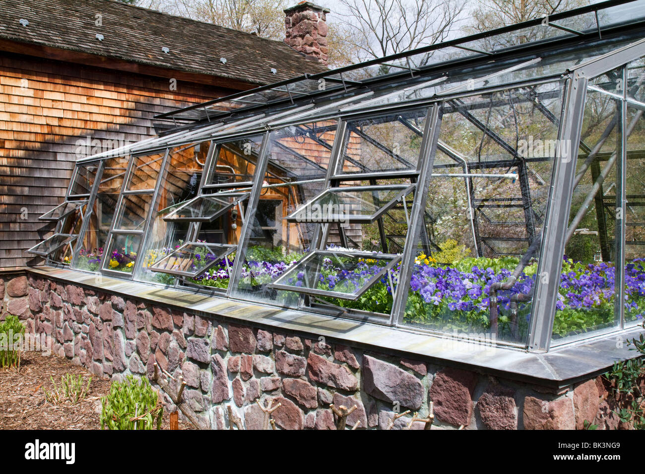 A garden greenhouse. Plants stone aluminum glass windows vents Stock