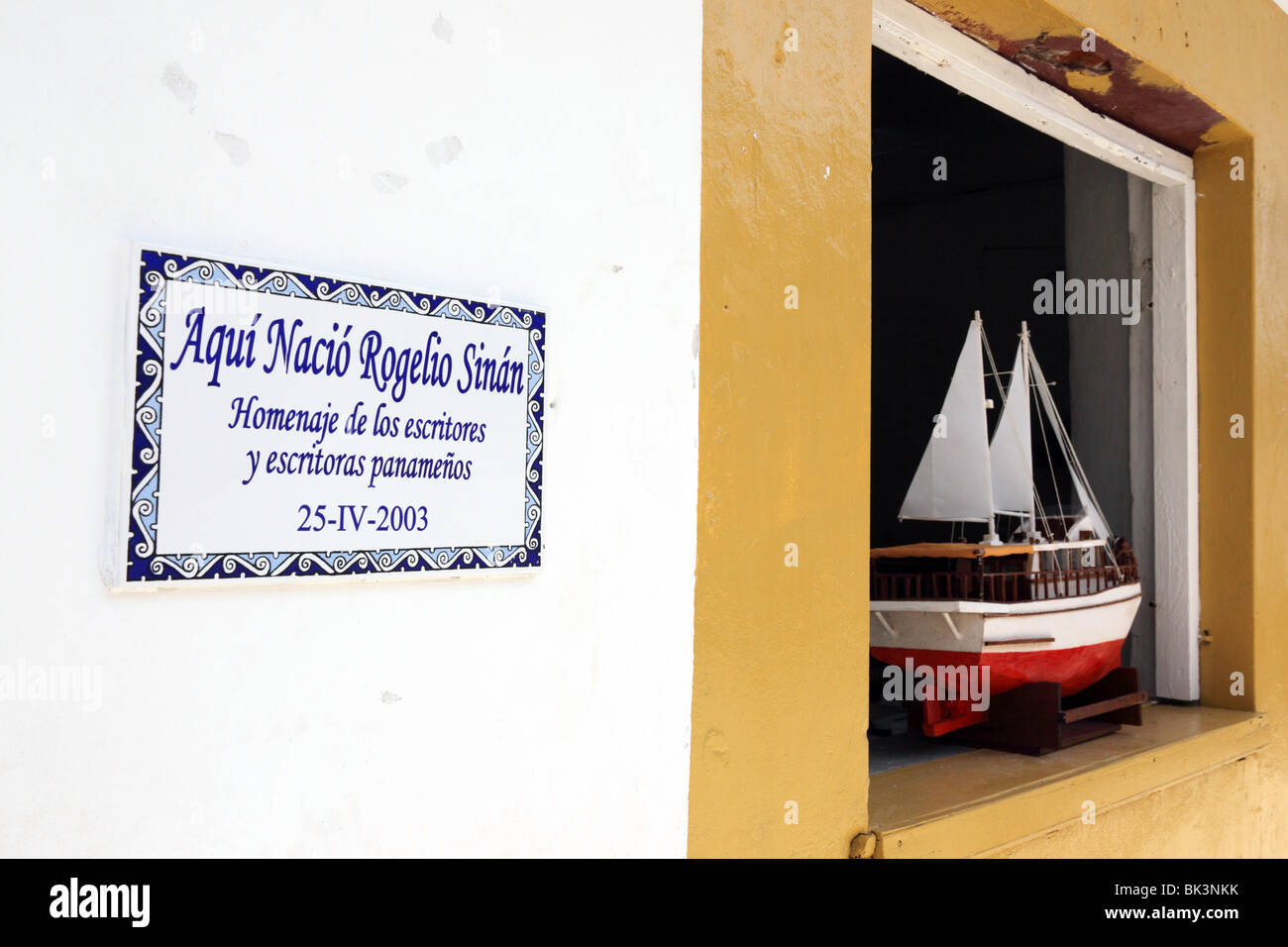 Plaque commemorating the house where Panamanian writer Rogelio Sinan (1902 - 1994, real name Bernardo Domínguez Alba ) was born , Taboga Island , Pana Stock Photo