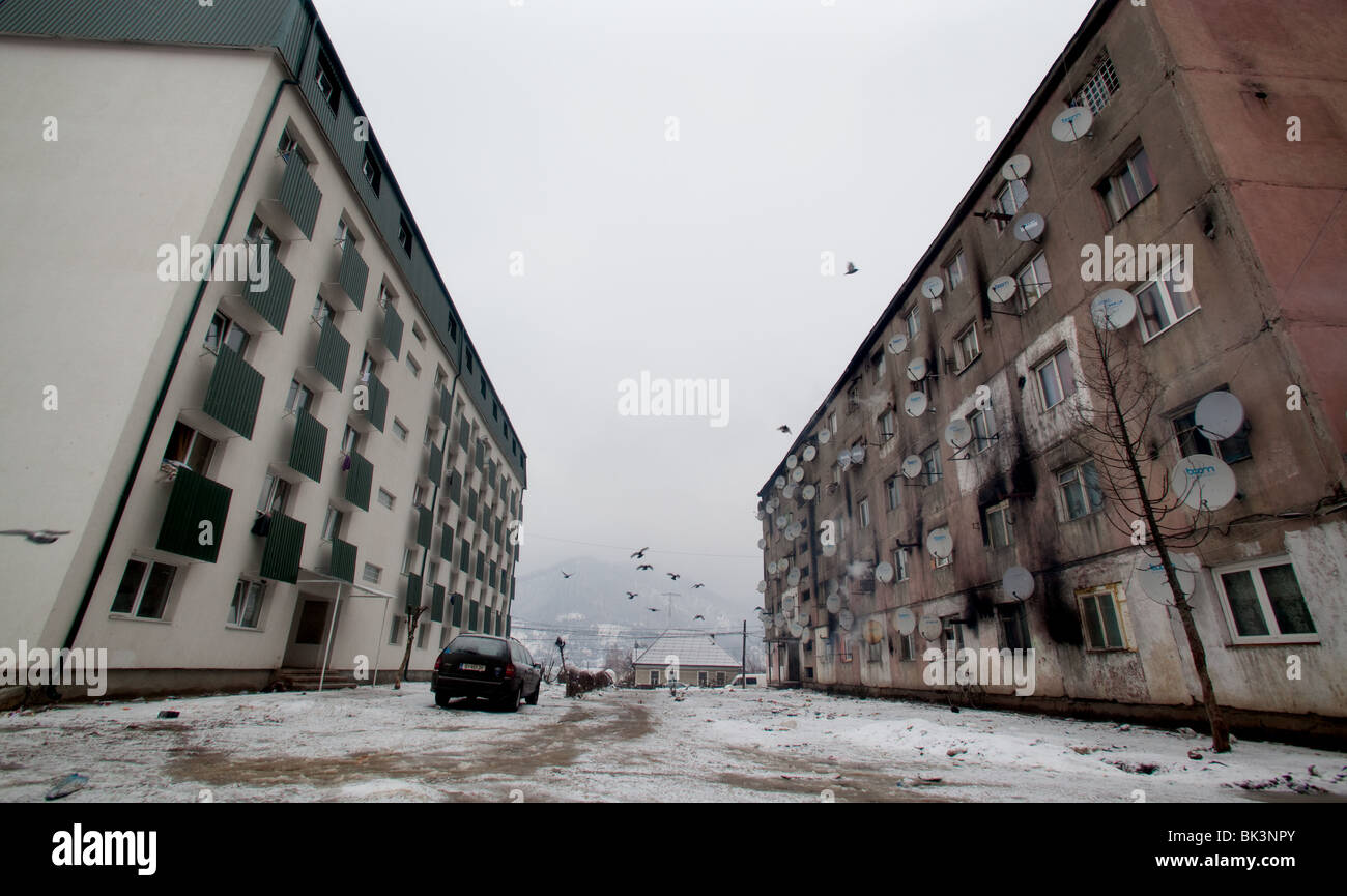 The Horea area of Baia Mare, where one building has been renovated. Stock Photo