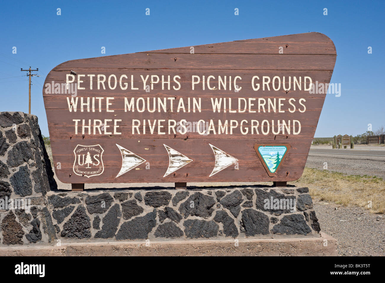 Sign for Petroglyphs Picnic Ground, White Mountain Wilderness, and Three Rivers Campground, New Mexico. Stock Photo