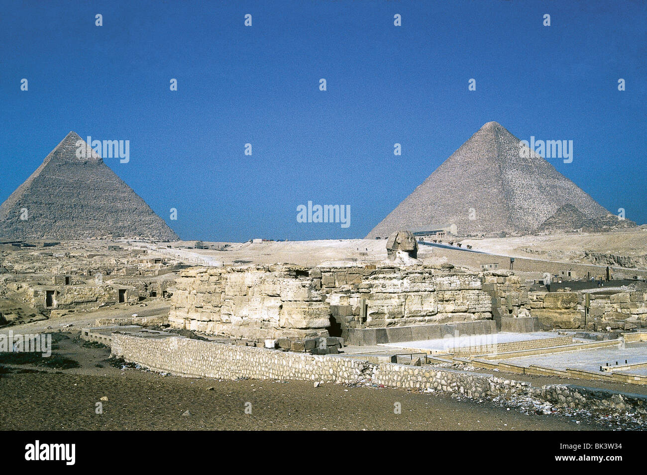 Sphinx, Valley Temple and the Great Pyramids of Giza, Egypt Stock Photo